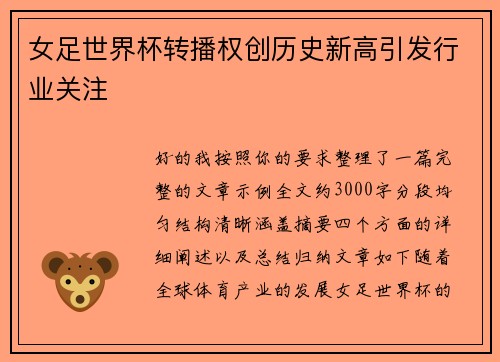 女足世界杯转播权创历史新高引发行业关注