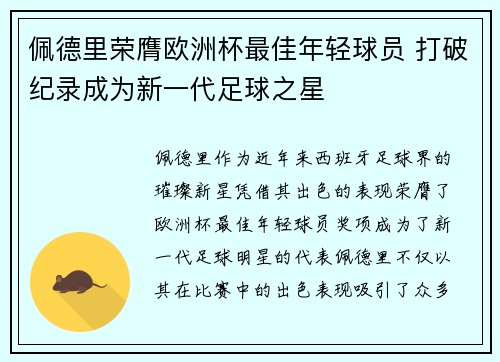 佩德里荣膺欧洲杯最佳年轻球员 打破纪录成为新一代足球之星